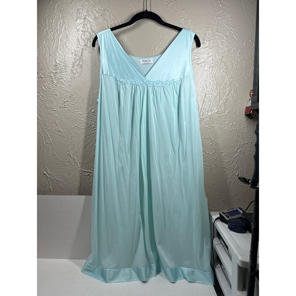Vintage Vanity Fair Blue Night Gown Slip Silky Chemise USA Made Womens Size L
